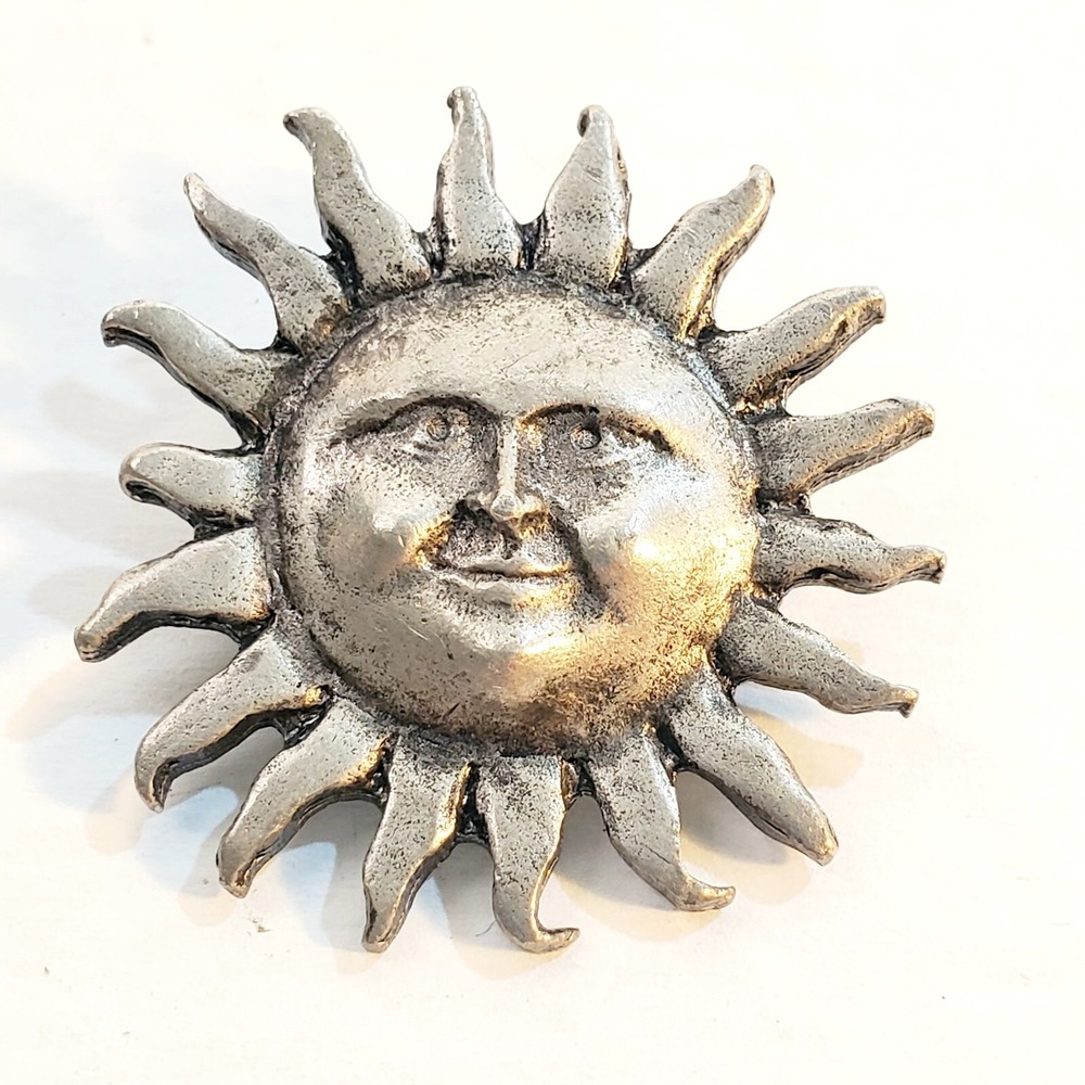 Vintage 1993 Signed Metzke Pewter Small Anthropomorphic Sun Face Brooch Pin